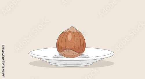 Minimalist Illustration of a Hazelnut Presenting on a Simple White Plate
