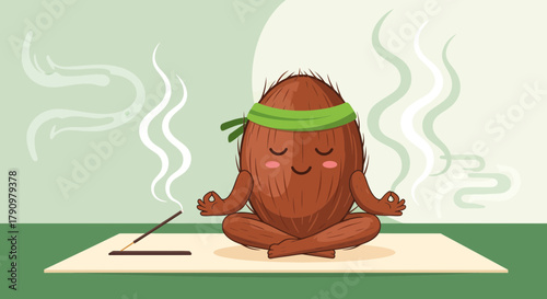 Meditating Coconut With Green Headband And Incense Performing Yoga Exercise Calmness