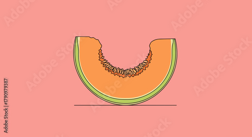 Minimalist Illustration Of A Melon Slice With A Bite Amidst A Soft Pink Backdrop