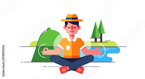 Meditating Figure Enjoys Serene Landscape in Colorful Geometric Illustration