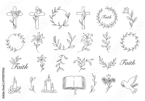 Floral Christian Faith Vector Set: Cross with Flowers, Wreaths, Bible, and Dove Line Art Bundle