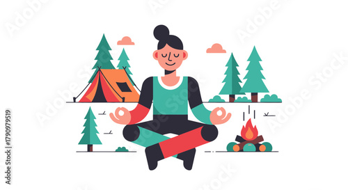 Meditative Camping Illustration With Tent, Trees And A Campfire Depicting Relaxation And Peace