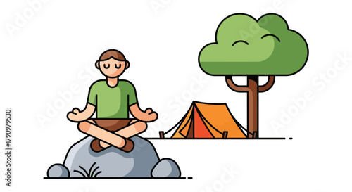 Meditative Camping Cartoon Depicting Blissful Relaxation Under Nature's Canopy