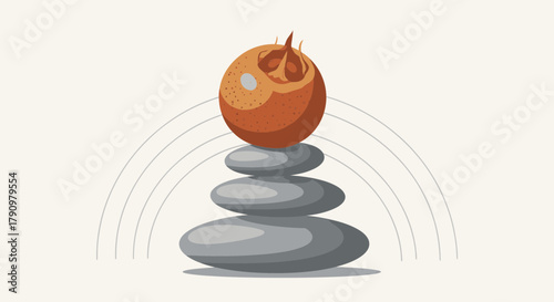 Meditative Fruit Balancing on Stones Illustrating Harmony and Peaceful Tranquility