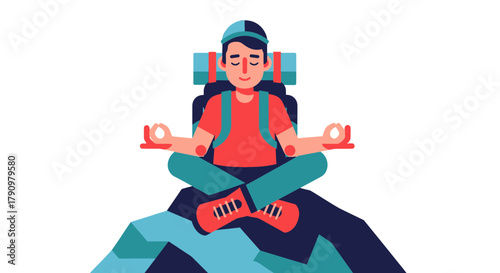 Meditative Hiker Reaching Inner Peace Atop Mountain Peak With Backpack On Black Background