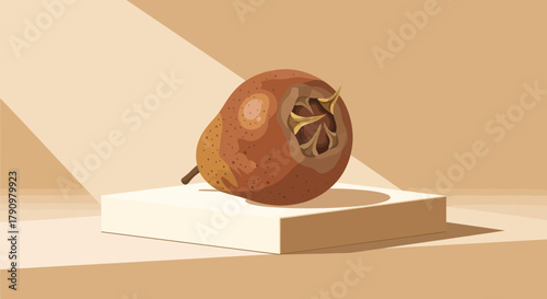 Medlar Fruit Presentation on Minimalist Podium in Natural Light and Shadow