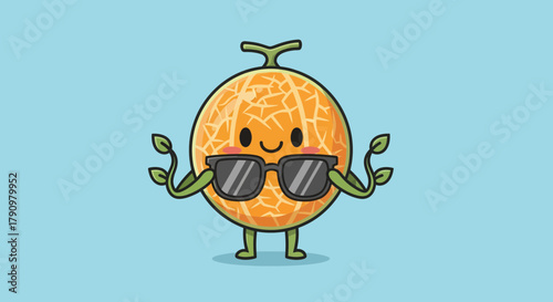 Melon Character Wearing Sunglasses, Smiling and Posing on a Light Blue Backdrop