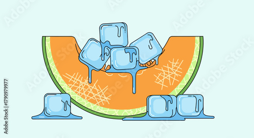 Melon Slice with Ice Cubes: Refreshment and Coolness Illustrated with Vibrant Colors