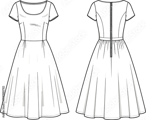 Technical fashion sketch, short sleeve dress, flared skirt, princess seam, scoop neckline, garment design, front and back view illustration
