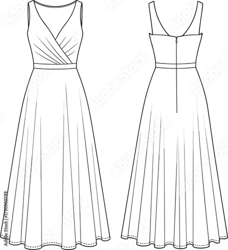 Technical fashion sketch, sleeveless A-line dress, wrap bodice, pleated panels, deep V-back, zipper closure, garment construction, illustration template