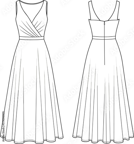 Technical fashion sketch, sleeveless V-neck dress, wrap bodice, pleated skirt, deep V-back, full-length gown, front and back view