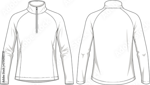 "Technical flat sketch, long sleeve pullover, raglan sleeve design, athletic wear, casual fashion, zipper collar, curved hem, apparel illustration"