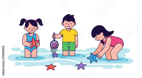 Kids Enjoy Seaside Fun while Exploring Starfish in the Ocean Waters for Summertime Adventures