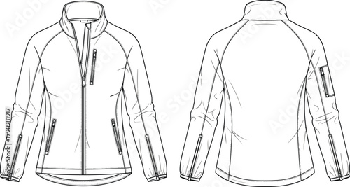 Technical jacket flat sketch, front and back view, zippered pockets, high collar, fashion illustration, garment design, outerwear concept, black and white