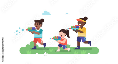 Kids Enjoying A Water Gun Fight On A Sunny Day Under A Fluffy Cloud Sky