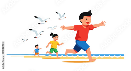 Kids Enjoy Beach Holiday Chasing Seagulls In Summer Fun Under the Sky