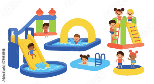 Kids Enjoying Water Park Amusements With Colorful Water Slides And Play Structures