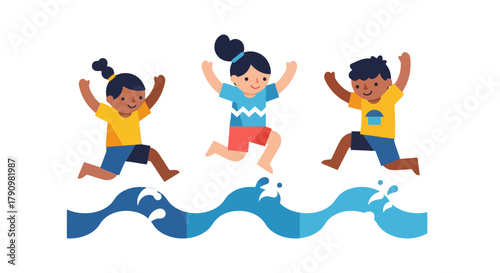Kids Jumping Over Water Cartoon Illustration Representing Joyful Childhood Moments In Summer