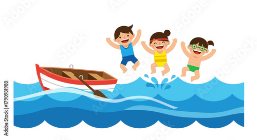 Kids Jumping in the Water Near a Boat is a Joyful and Playful Summer Scene