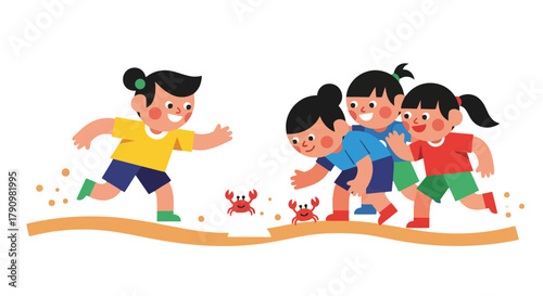 Kids Joyfully Observe Crabs Running On The Beach, Beautiful Summer Game