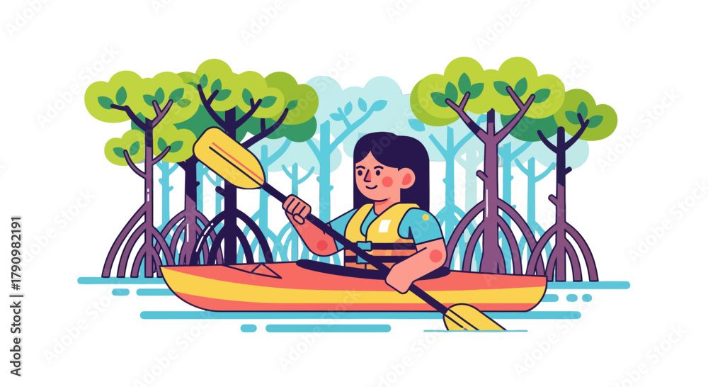 Fototapeta premium Kayak Adventure: Person Paddling a Kayak Surrounded by Trees in A Beautiful Environment