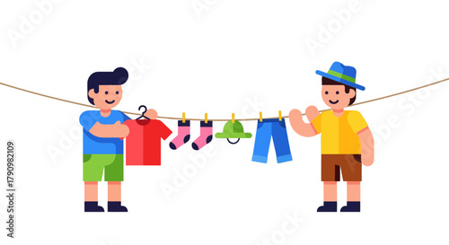 Laundry Time With Smiling People: A Simple Act Of Everyday Life Illustration