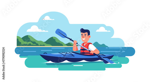 Kayak Adventure On Tranquil Waters, Enjoying The Calm Scenic Environment And Paddling