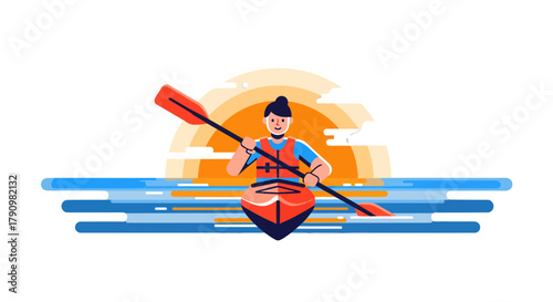 Kayak Adventure On Tranquil Waters With Spectacular Sunset Scenery Illustration