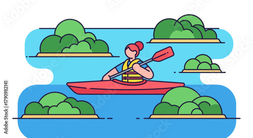 Kayak Adventure On Water With Islands In Colorful Illustration, Enjoying Outdoor Activity