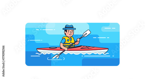Kayak Adventure: Person Paddling a Kayak on a Serene Blue Lake with Cartoon Illustration