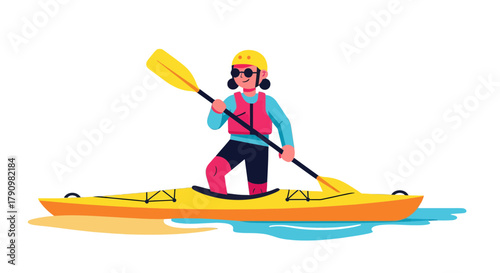 Kayak Adventure: Person Paddling a Yellow Boat in Artistic Illustration