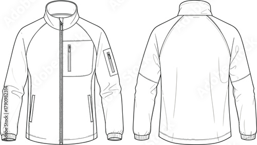 Technical jacket sketch, raglan sleeve, zippered pockets, front and back view, fashion illustration, garment design, outerwear drawing, apparel