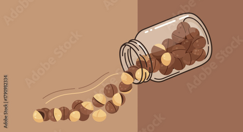 Macadamia Nuts Cascading Out of a Jar on a Two-Toned Brown Backdrop