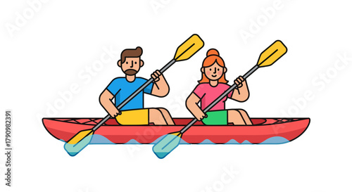 Kayak Adventure With Two Paddlers Cartoon Illustration On Black Background
