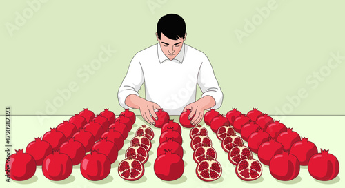 Man Carefully Arranging Pomegranates, Demonstrating Fresh Harvest and Food Preparation