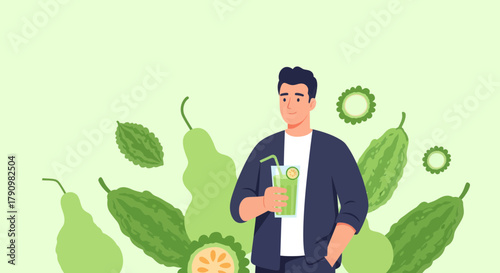 Man Holding a Refreshing Bitter Melon Juice Drink with Herbal Background