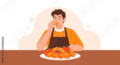 Man In An Apron Tasting Freshly Sliced Persimmon, Ready To Eat Fruit, Healthy Lifestyle