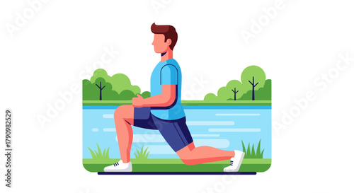 Man In Fitness Pose Exercising Outdoors, Demonstrating Bodyweight Routine Steps