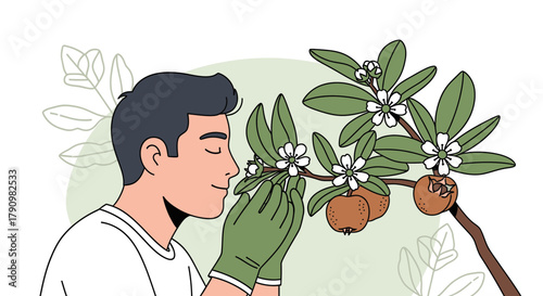 Man Inhaling Floral Scent Enjoys the Blossoms and Fruits of a Tree in Nature
