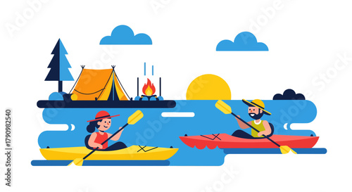 Kayak Lovers Enjoying Peaceful Camping Experience, Paddling on the River Together