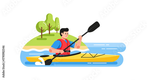Kayak Sport Illustration Depicting An Individual Paddling Near Lush Green Hills and Water