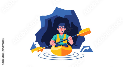 Kayaker Exploring a River Cave in a Bright Yellow Boat and Oars for Adventure