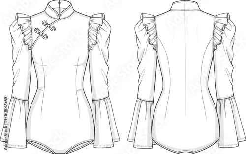 Women's bodysuit sketch, fashion flat illustration, mandarin collar, frog buttons, puff sleeve, ruffle cuff, technical design, garment template