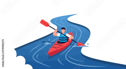 Kayaker Navigating Flowing Water Across A Black Background In A Vibrant Illustration