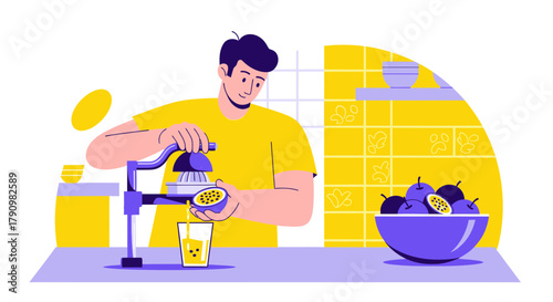 Man Juicing Passion Fruit in a Kitchen Creating Fresh and Healthy Drink Preparation