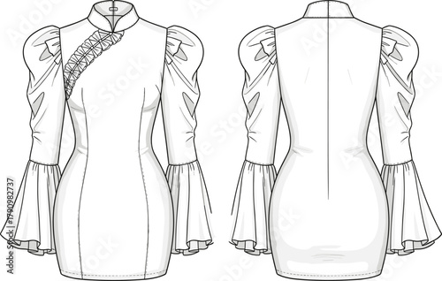Women's dress sketch, fashion flat illustration, puff sleeve, ruffled bell cuff, lace-up detail, high collar, technical garment design