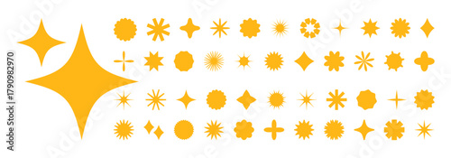 Gold star icon, bright award set. Sparkle pattern, light burst, best ting sticker. Yellow magic symbol, shiny minimal element isolated on white background. Retro vector illustration