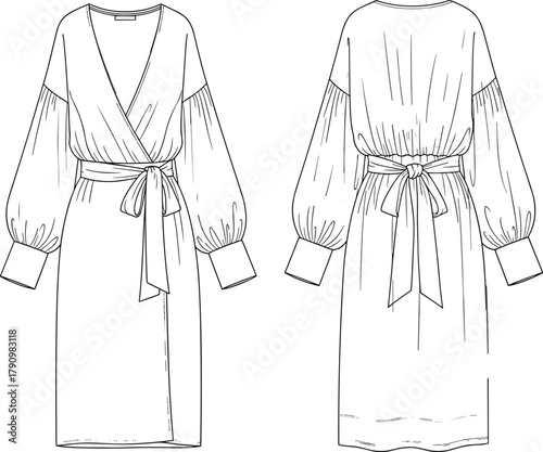 Women's wrap dress fashion sketch, bishop sleeve knee-length design, technical flat illustration, garment construction, sewing template, apparel drawing
