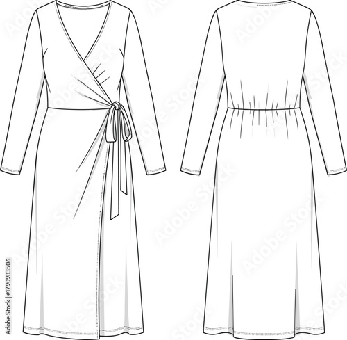 Women's wrap dress fashion sketch, technical flat drawing, long sleeve midi dress design, garment construction, apparel template, sewing pattern