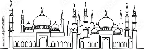 Intricate black and white line drawing of a grand mosque with multiple domes and minarets